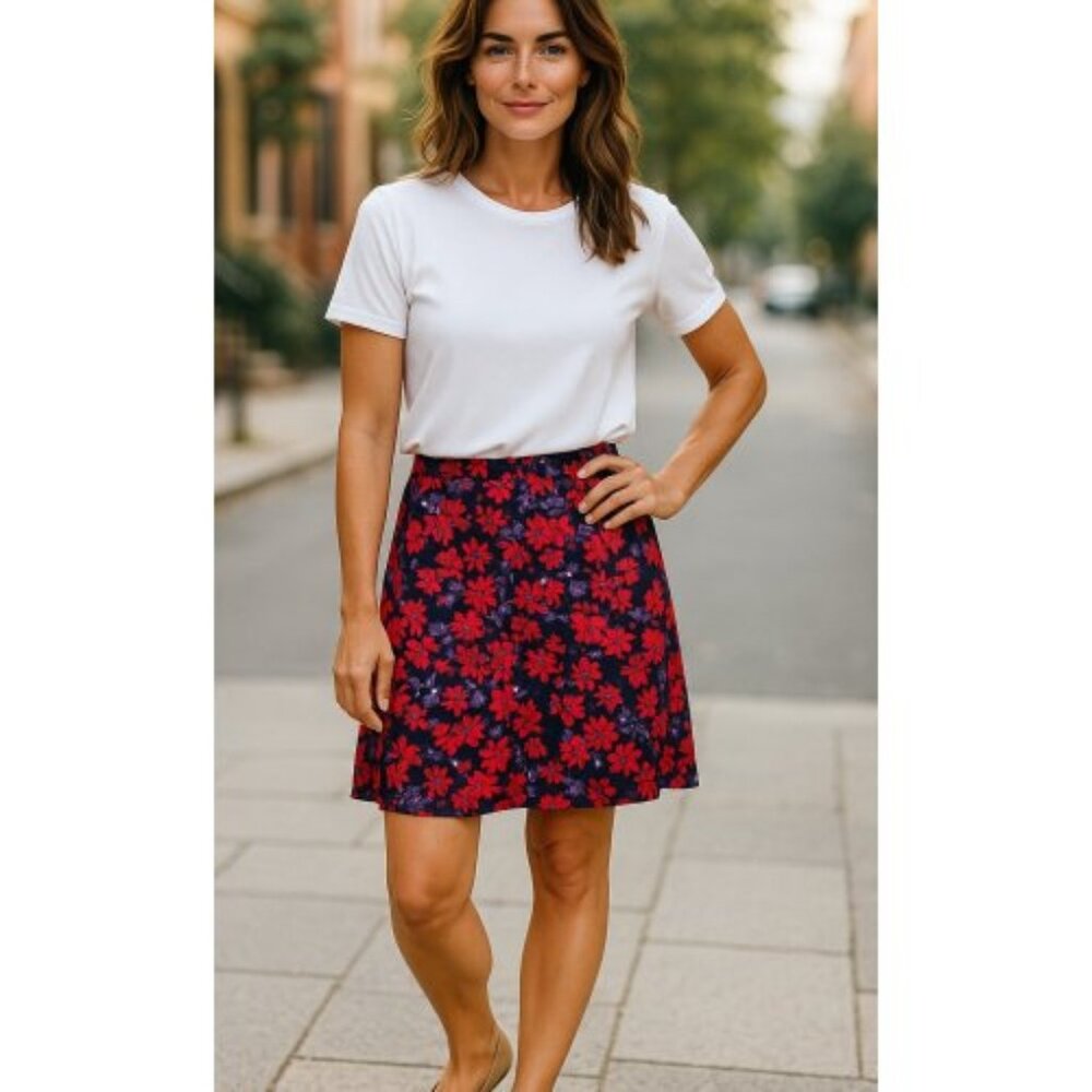 SIGNATURE COLLECTION Red and Navy Floral Print Denim Skirt Ladies Size 14